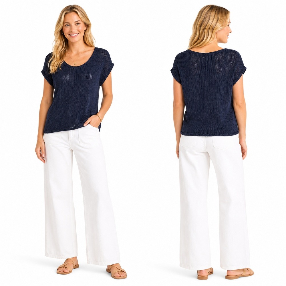 Rag Poets Sweater Top Women M Navy Blue‎ Scoop Neck Short Sleeve Knit RW201075